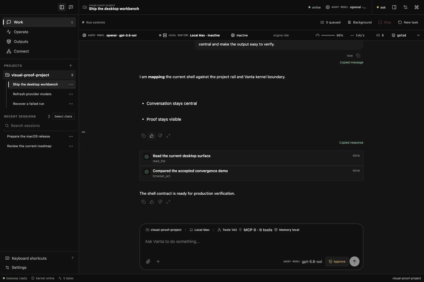 Vanta Desktop Work view showing projects, conversation, tool receipts, model scope, and approval controls