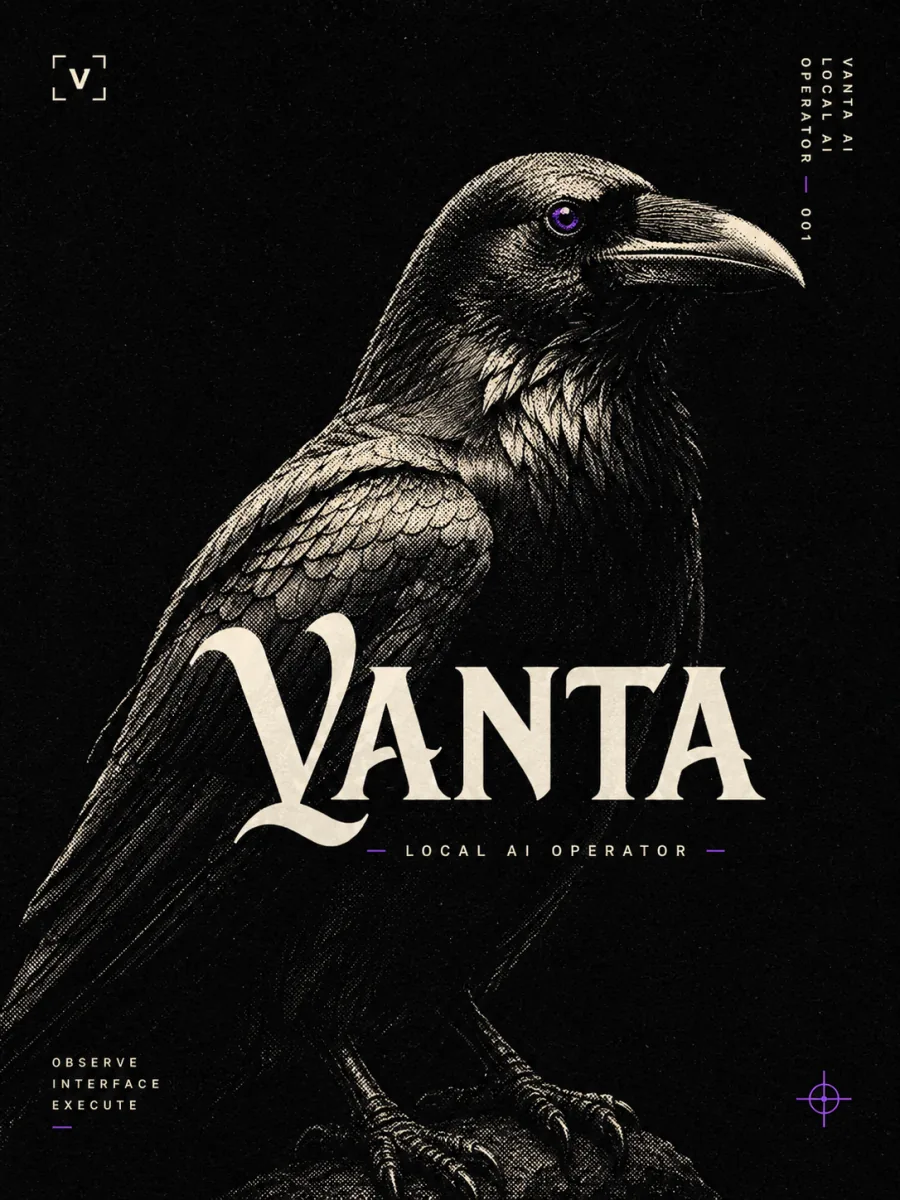 A bone-white engraved raven with a violet eye, the Vanta local AI operator brand mark